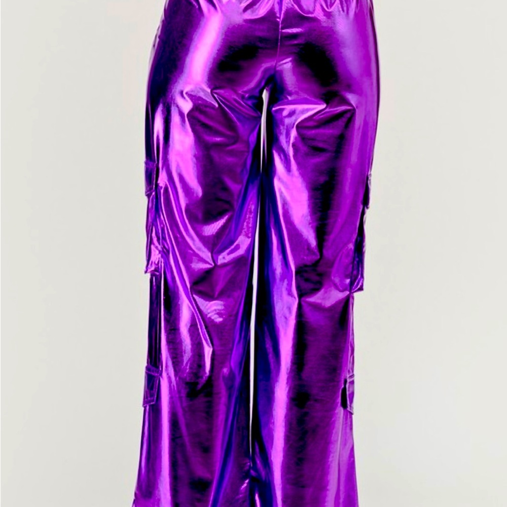 Metallic Purple Women's Cargo Pants with Elastic Stretch Around Waist